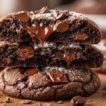Espresso chocolate chip cookies with browned butter and dark chocolate chunks on a baking sheet