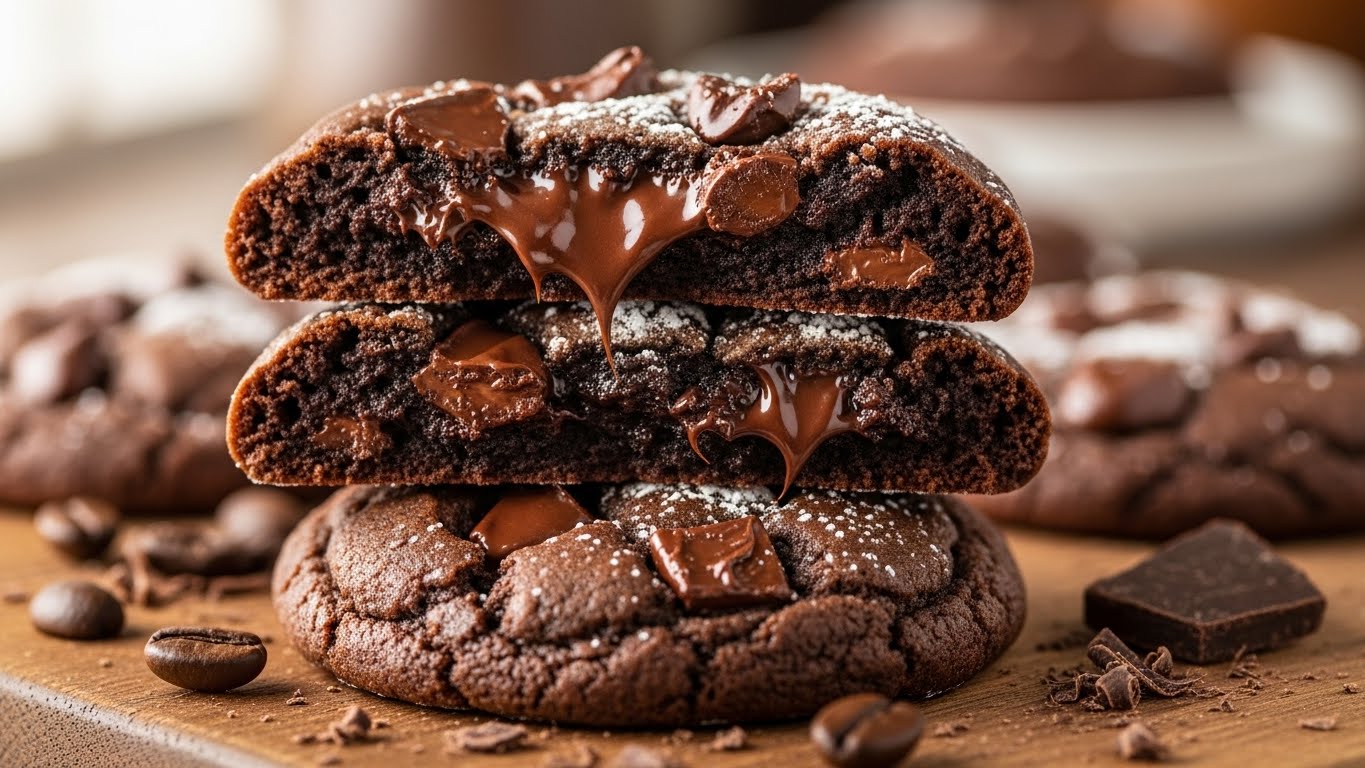 Espresso chocolate chip cookies with browned butter and dark chocolate chunks on a baking sheet