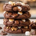 Oversized Rocky Road Cookies inspired by Levain Bakery, featuring melted marshmallow pockets, crispy edges, and rich chocolate chunks throughout.