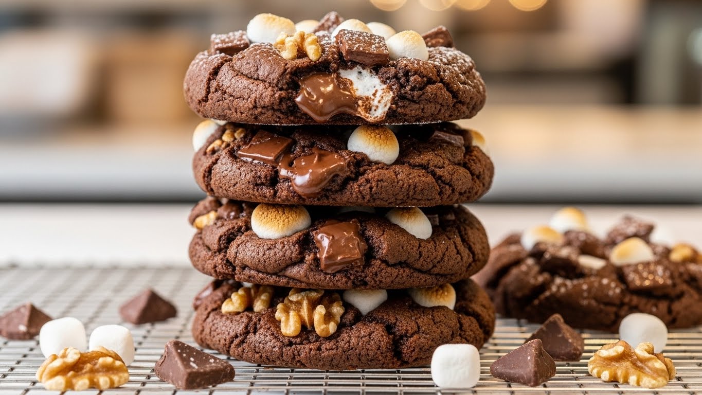 Oversized Rocky Road Cookies inspired by Levain Bakery, featuring melted marshmallow pockets, crispy edges, and rich chocolate chunks throughout.