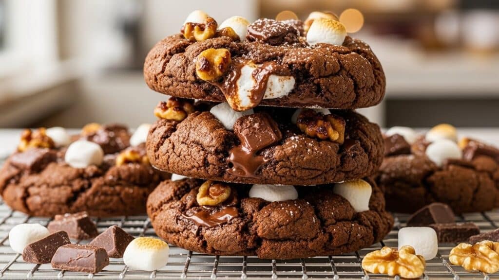 Oversized Levain Bakery Rocky Road Cookies inspired by Levain Bakery, featuring melted marshmallow pockets, crispy edges, and rich chocolate chunks throughout.