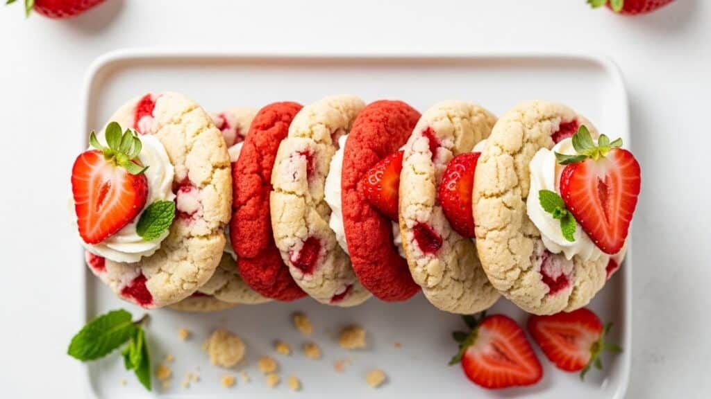 Soft Strawberry Shortcake Cookies with fresh diced strawberries and buttery shortcake crumbs on top