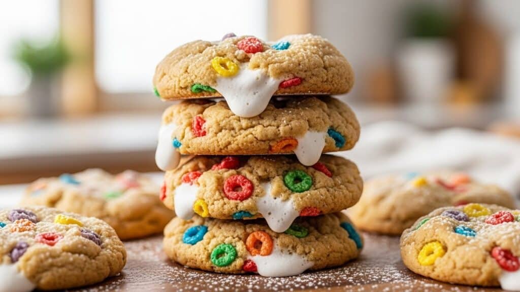 Fruity Pebble Marshmallow Cookies with a gooey marshmallow center and colorful cereal coating.