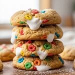 Fruity Pebble Marshmallow Cookies with a gooey marshmallow center and colorful cereal coating.