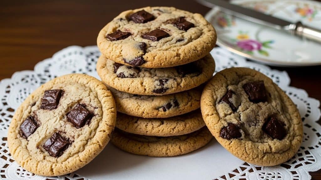 Vintage chocolate chip cookies cooling on a wire rack