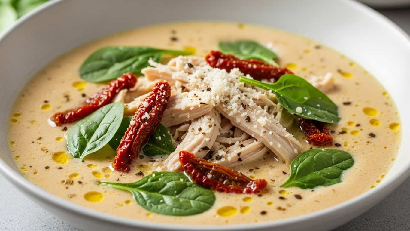 Creamy Marry Me Chicken Soup in a Dutch oven with pasta and cheese