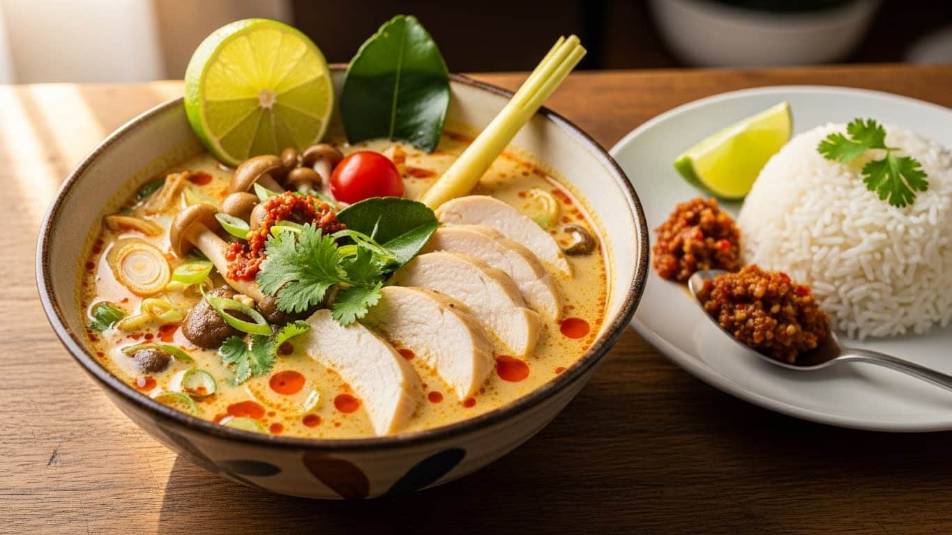 Bowl of easy Thai chicken soup with rice noodles