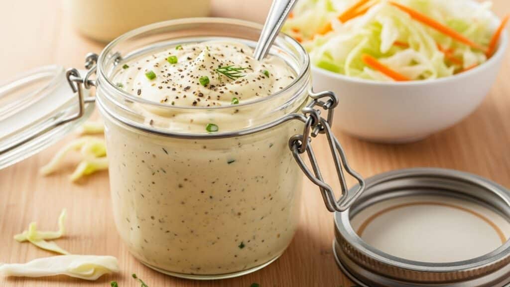 Homemade easy coleslaw dressing in bowl